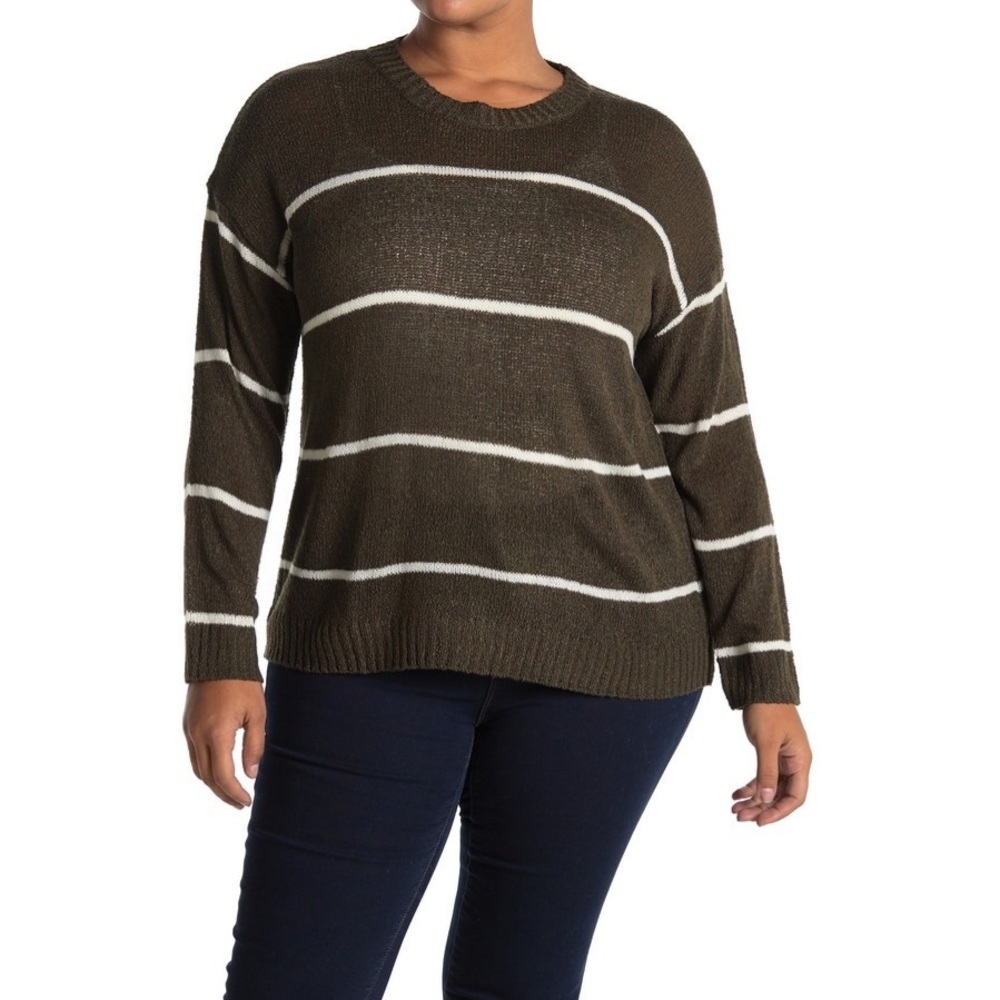 Bobeau Long Sleeve Striped Sweater - Olive Green/Ivory - Size 2X